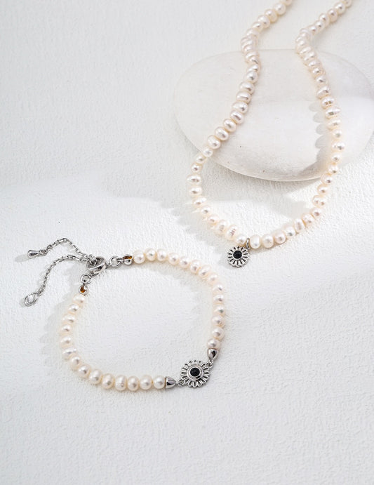 S925 Silver Natural Pearl Black Onyx Bracelet and necklace